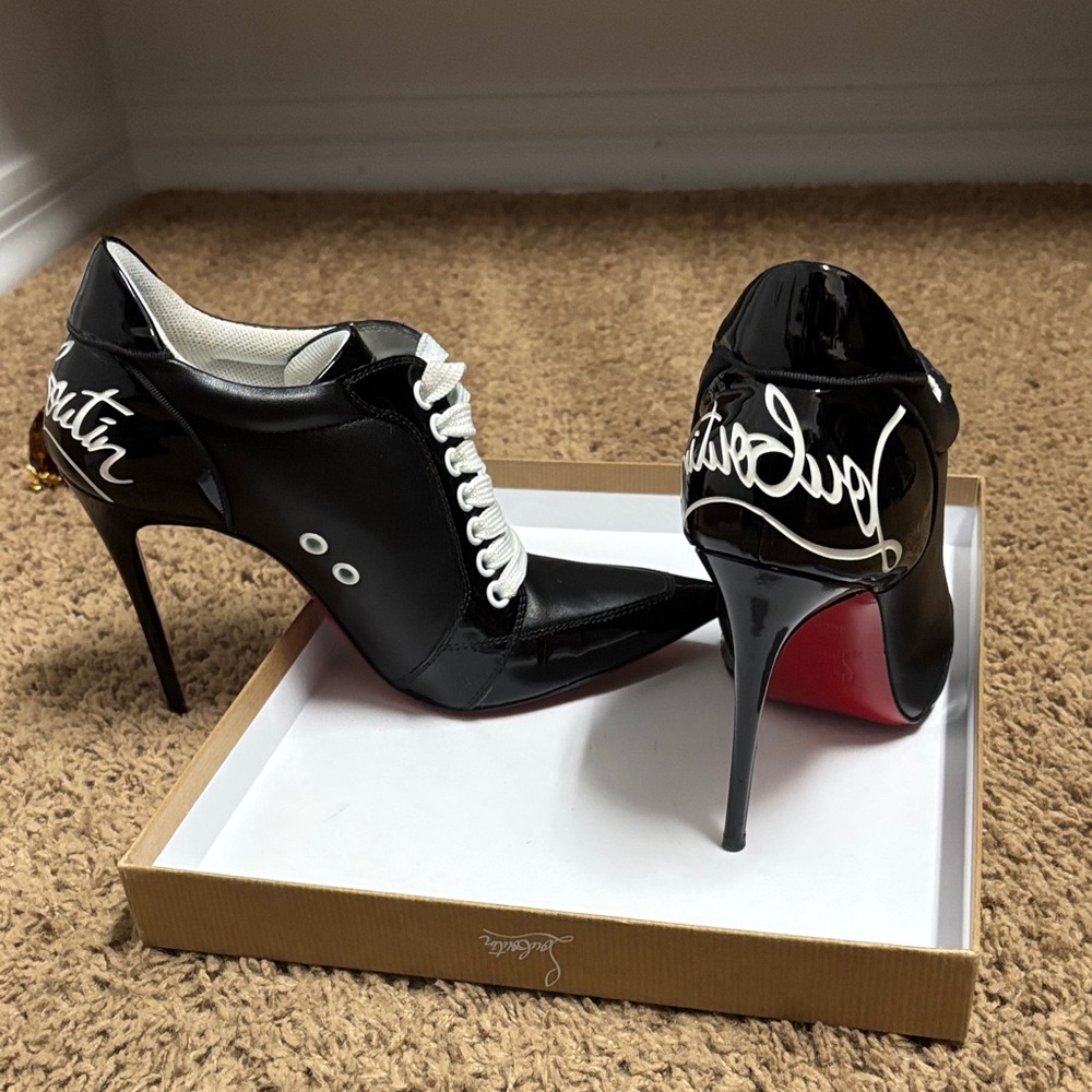 Christian Louboutin Black and White Pom Pom Booty Heels Stilettos RARE!